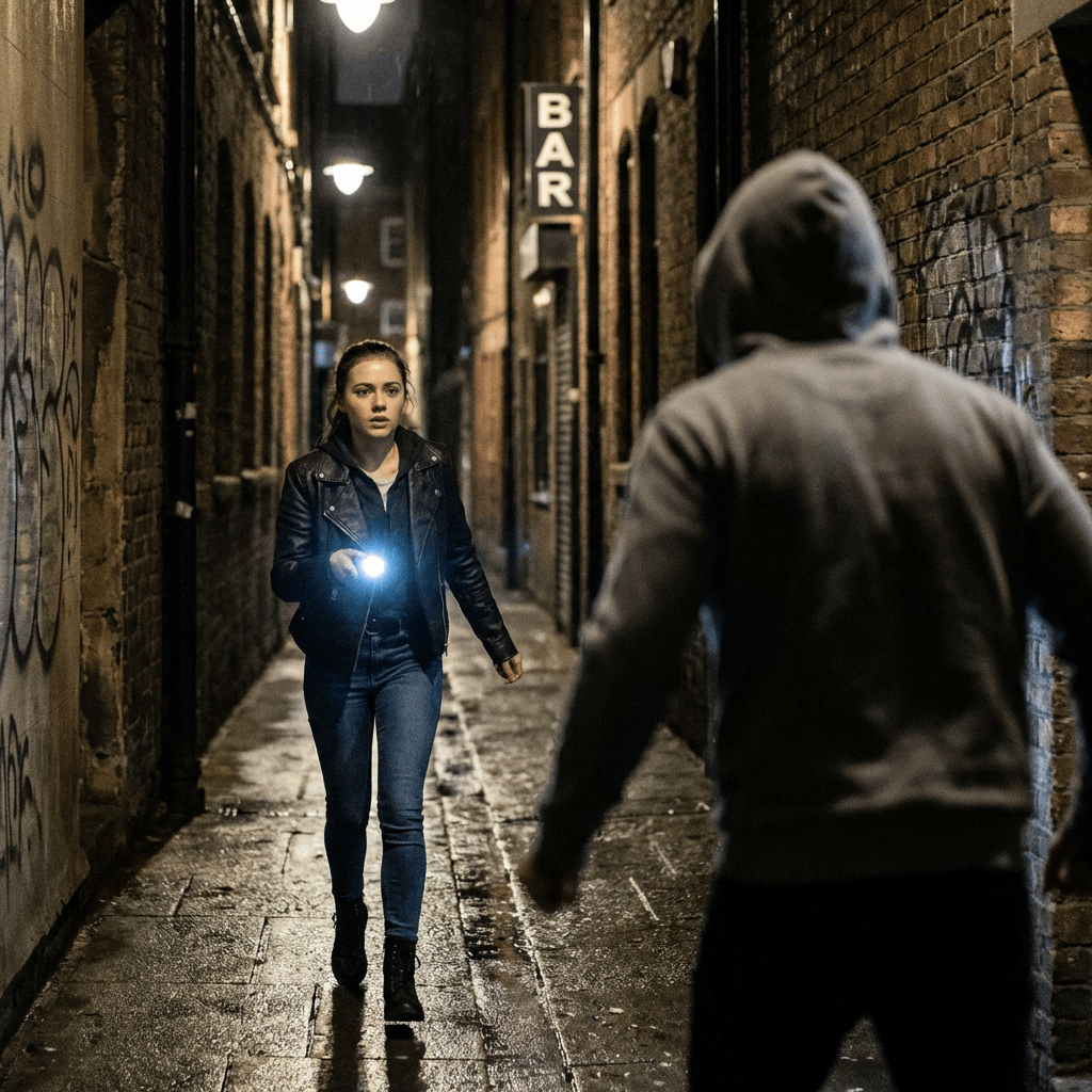 A woman in a dark alley shines a flashlight at a hooded figure.