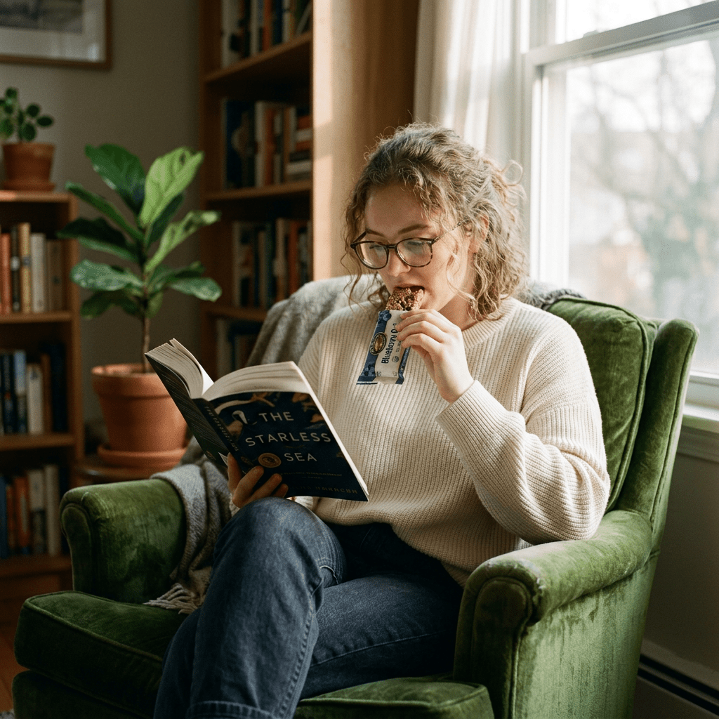 Person reading a book titled The Starless Sea while eating a granola bar on a green armchair
