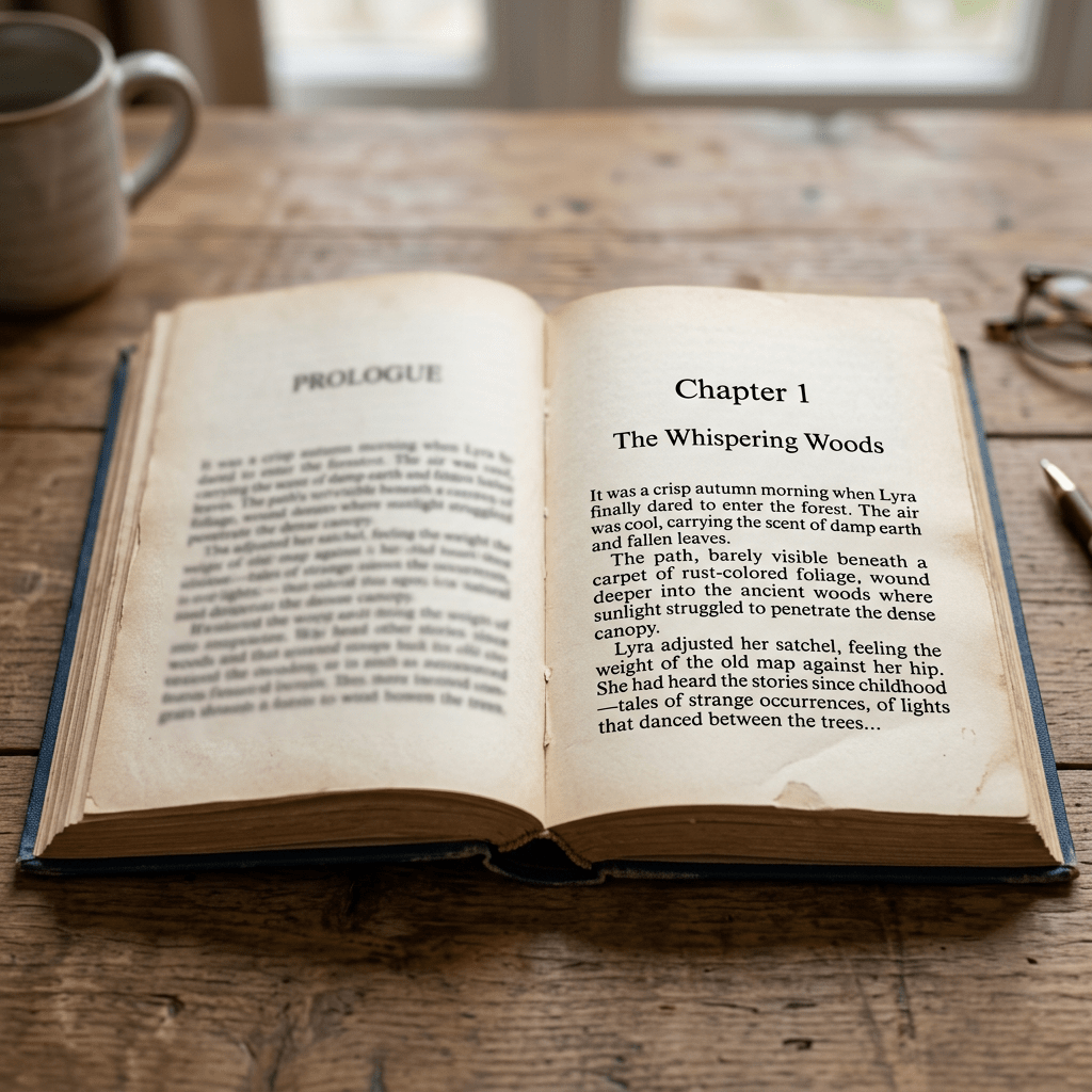 Open old book with text from prologue and chapter one about autumn and forest